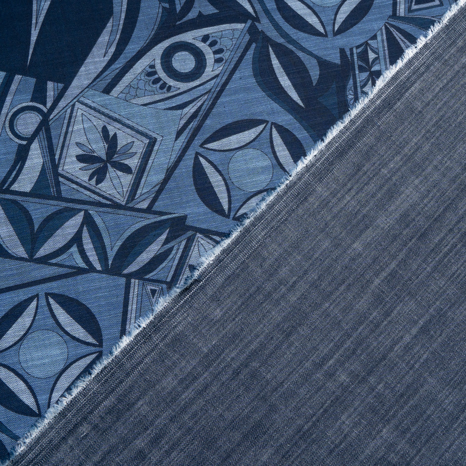 Retro Printed Stretch Cotton Denim