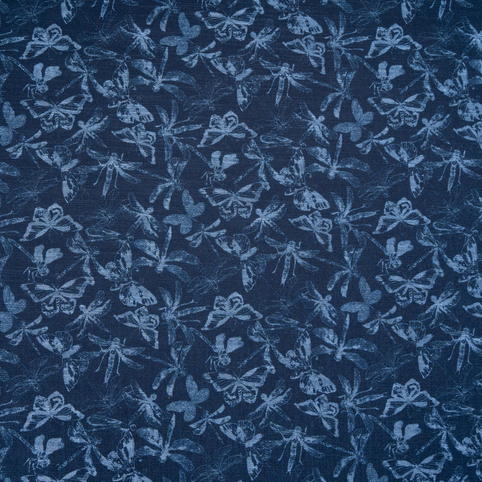 Butterfly Printed Dark Blue Stretch Cotton Denim