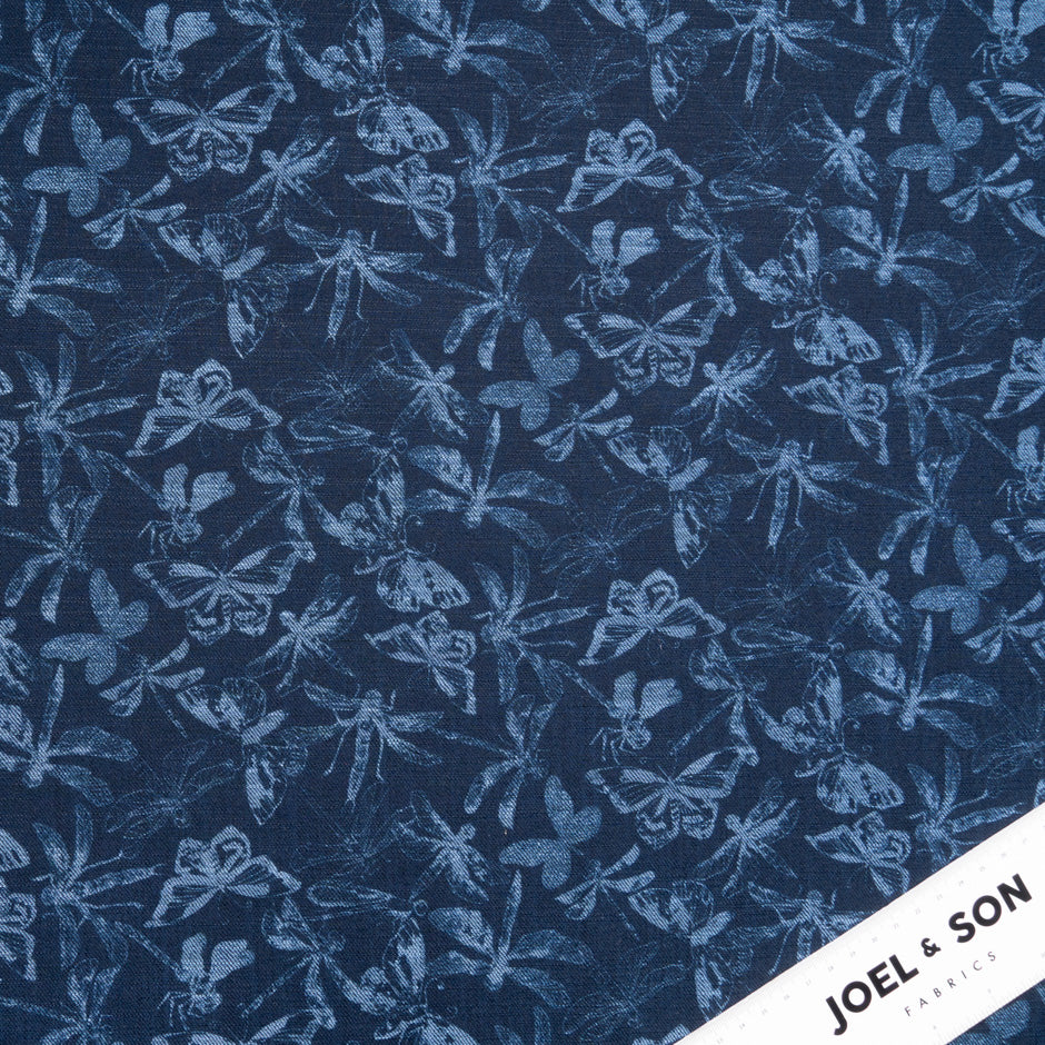Butterfly Printed Dark Blue Stretch Cotton Denim