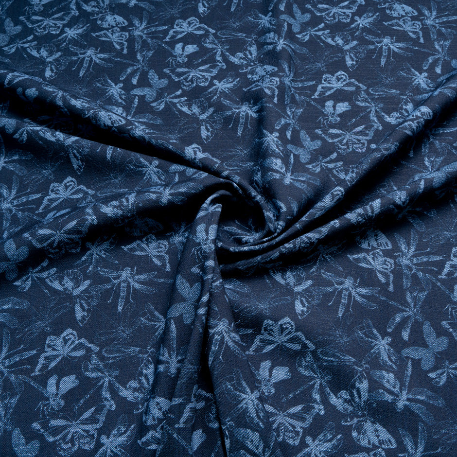 Butterfly Printed Dark Blue Stretch Cotton Denim