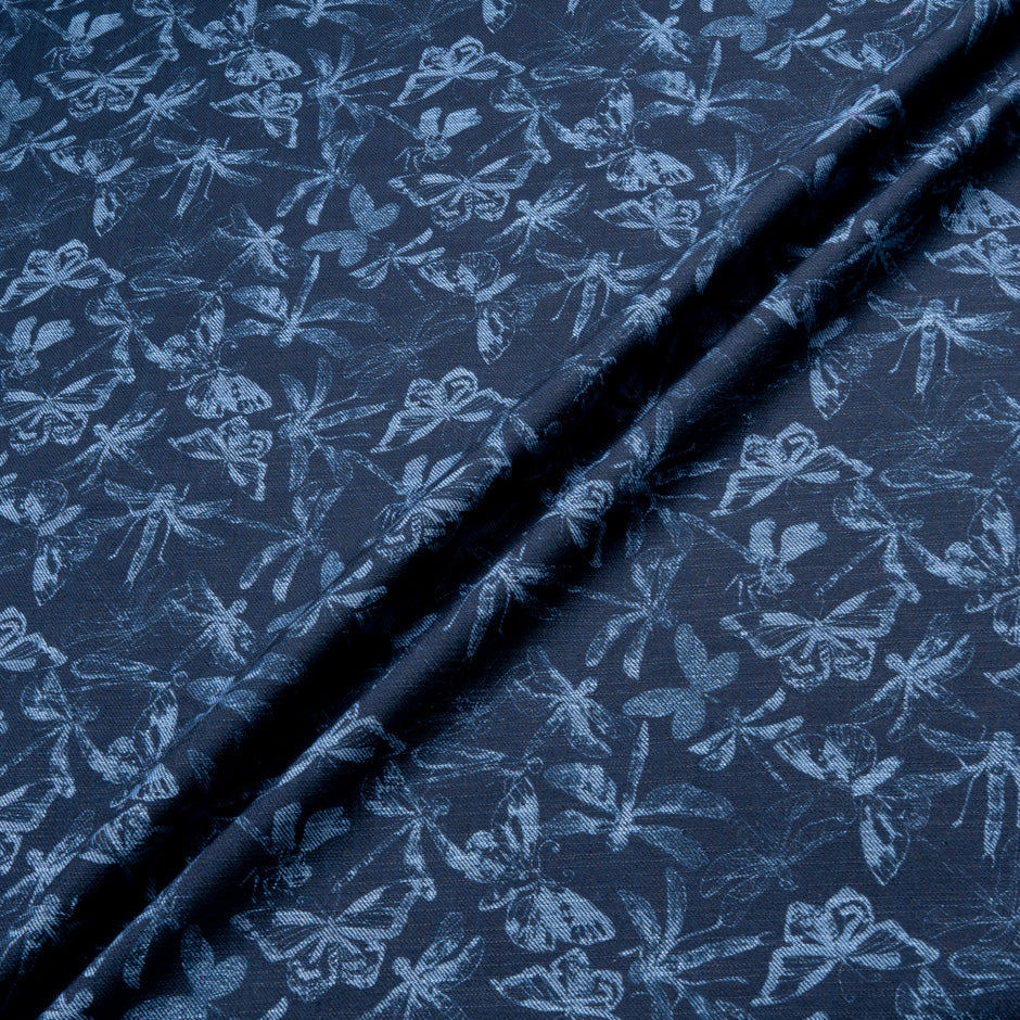 Butterfly Printed Dark Blue Stretch Cotton Denim