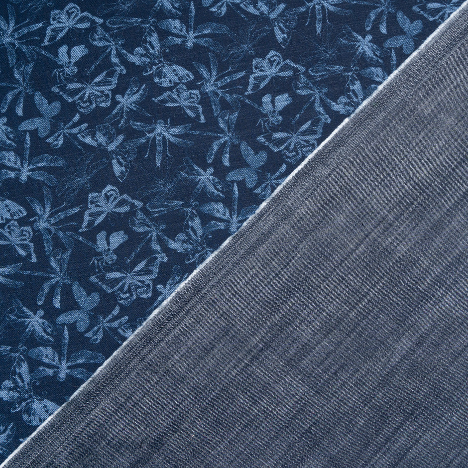 Butterfly Printed Dark Blue Stretch Cotton Denim
