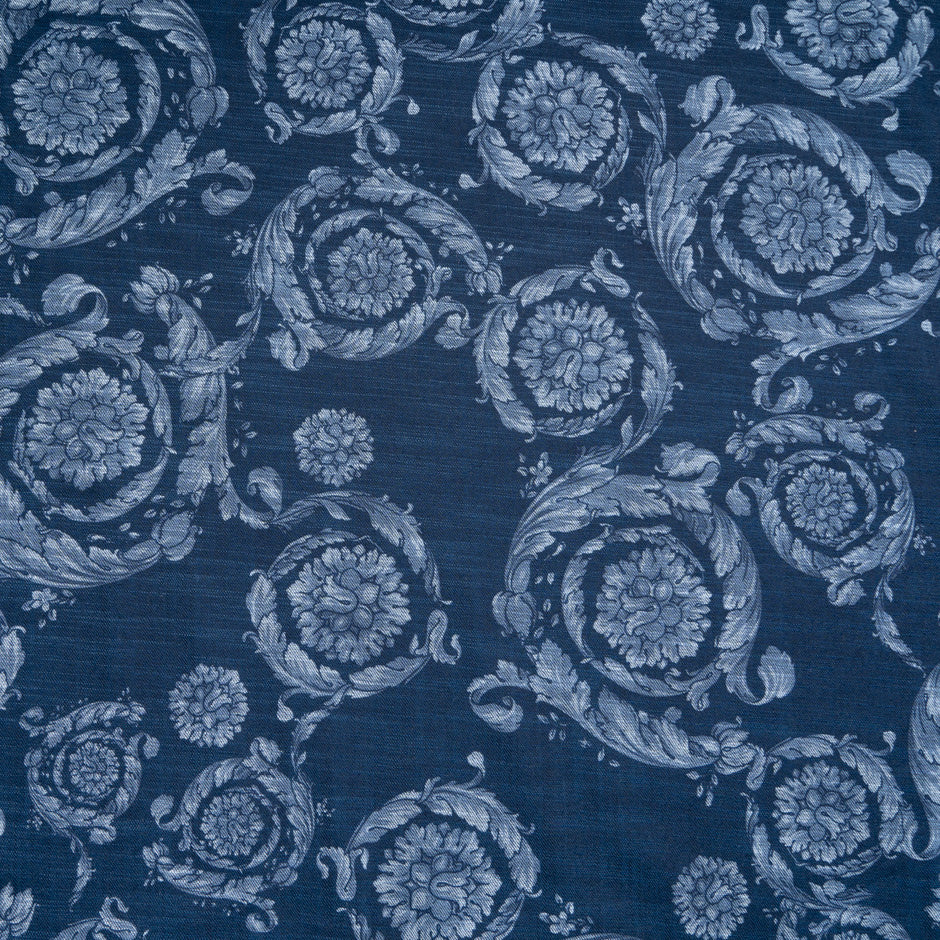 Floral Printed Dark Blue Stretch Cotton Denim
