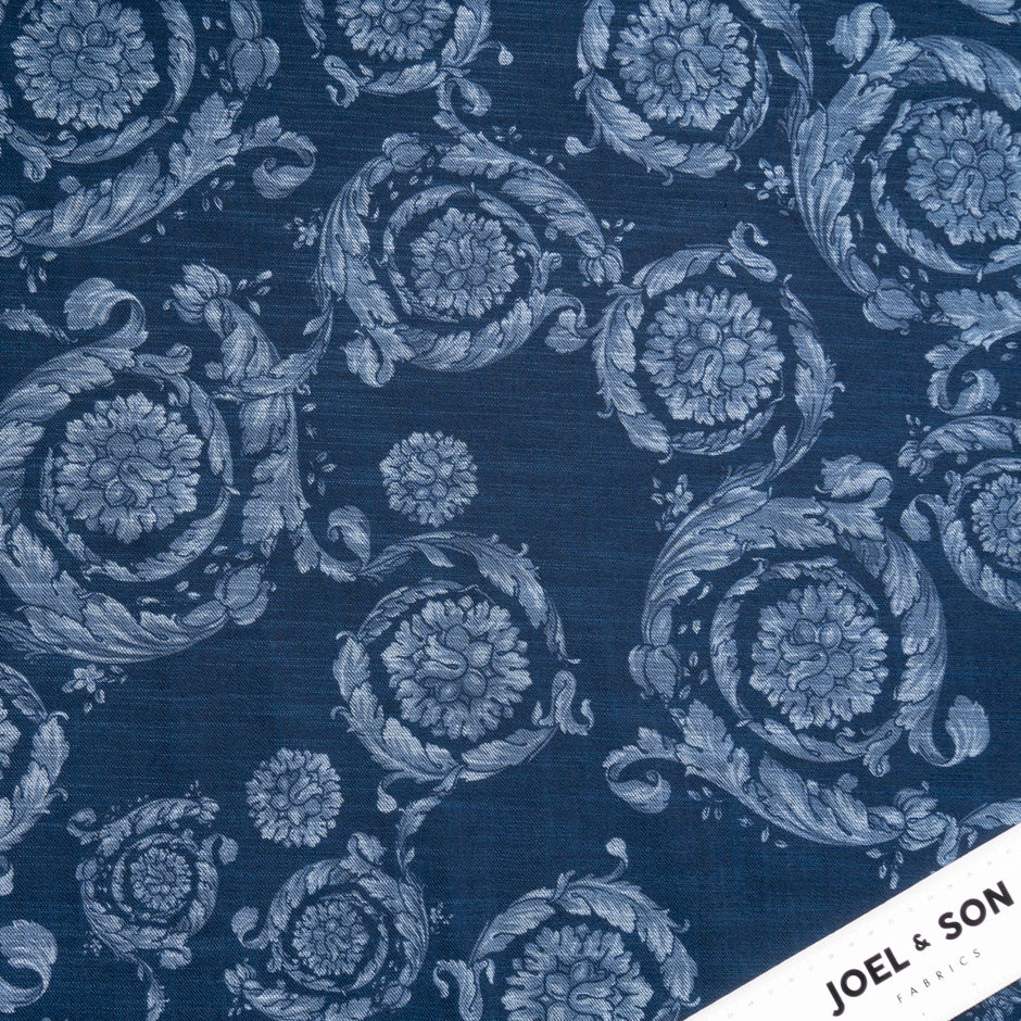 Floral Printed Dark Blue Stretch Cotton Denim