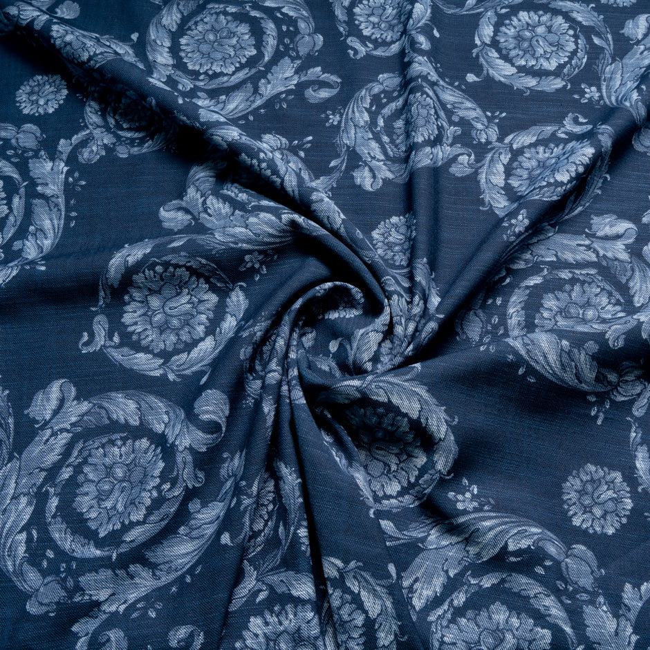 Floral Printed Dark Blue Stretch Cotton Denim