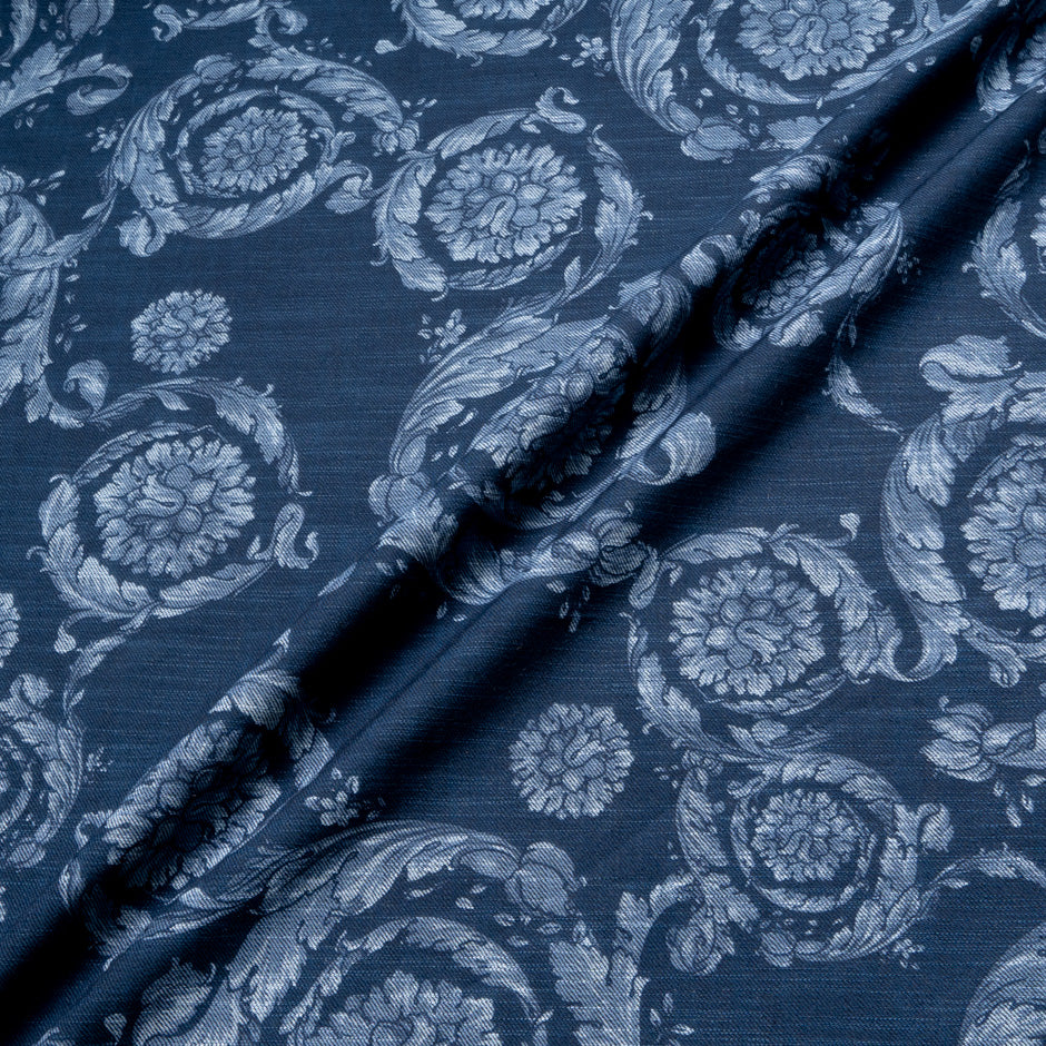 Floral Printed Dark Blue Stretch Cotton Denim