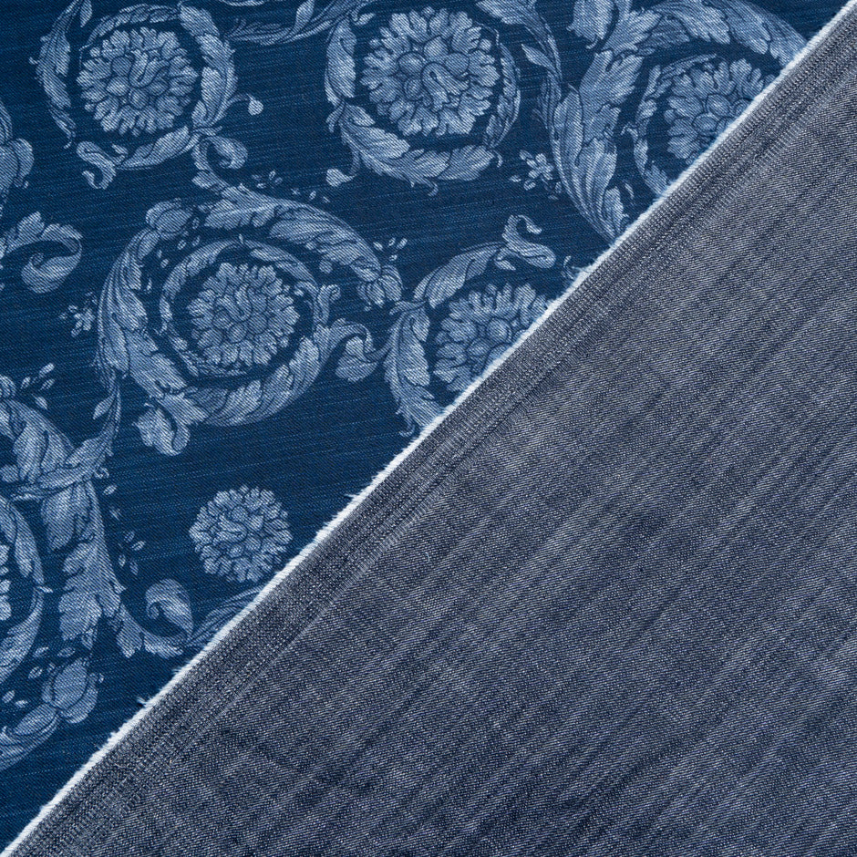 Floral Printed Dark Blue Stretch Cotton Denim