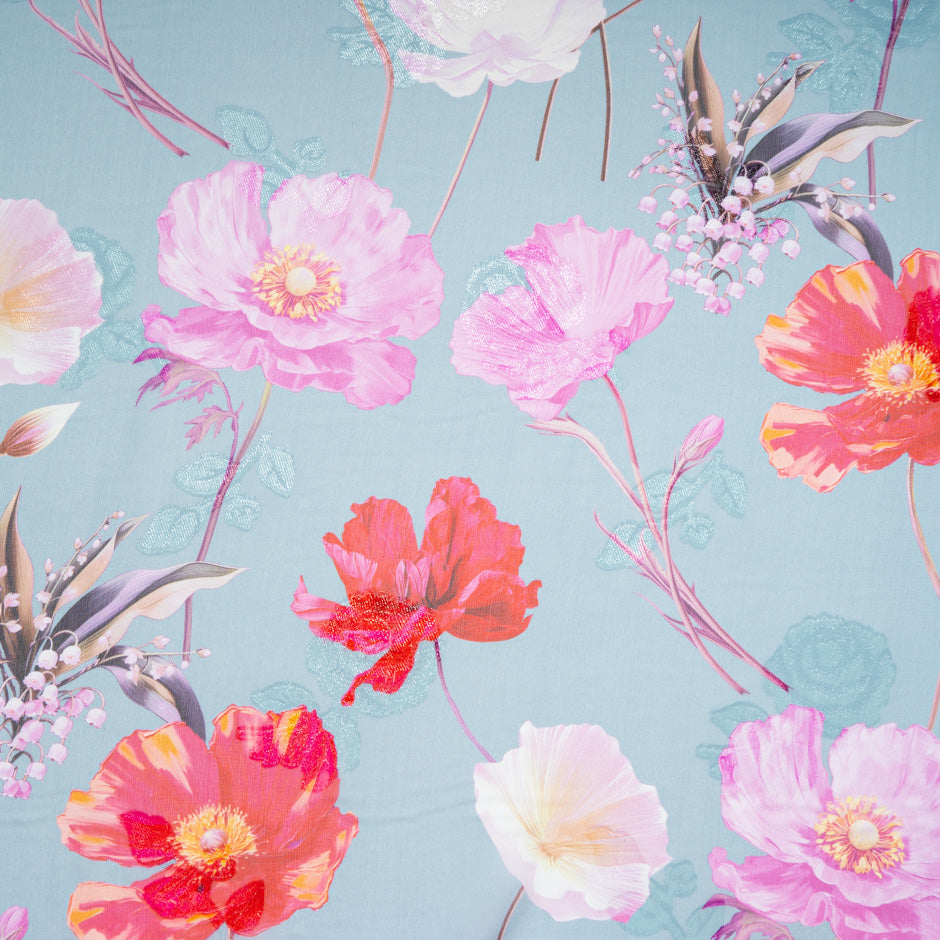 Poppy Printed Metallic Blue Silk Georgette