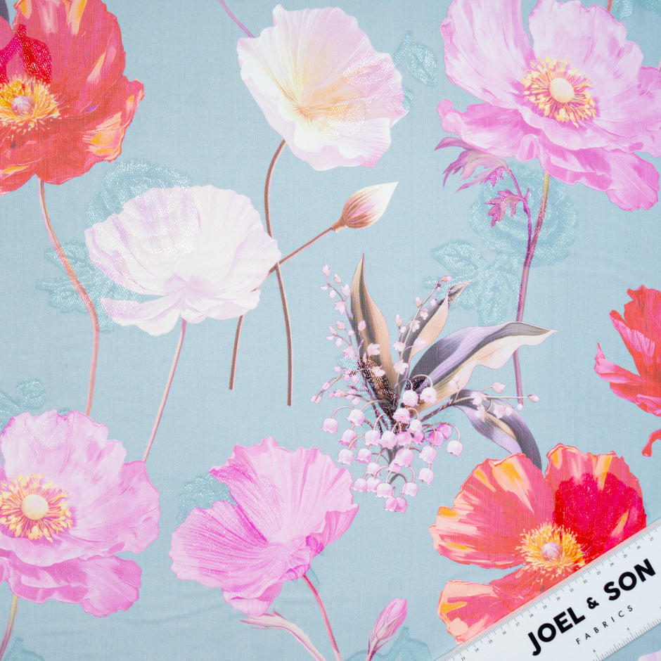 Poppy Printed Metallic Blue Silk Georgette
