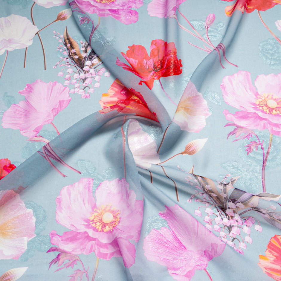 Poppy Printed Metallic Blue Silk Georgette