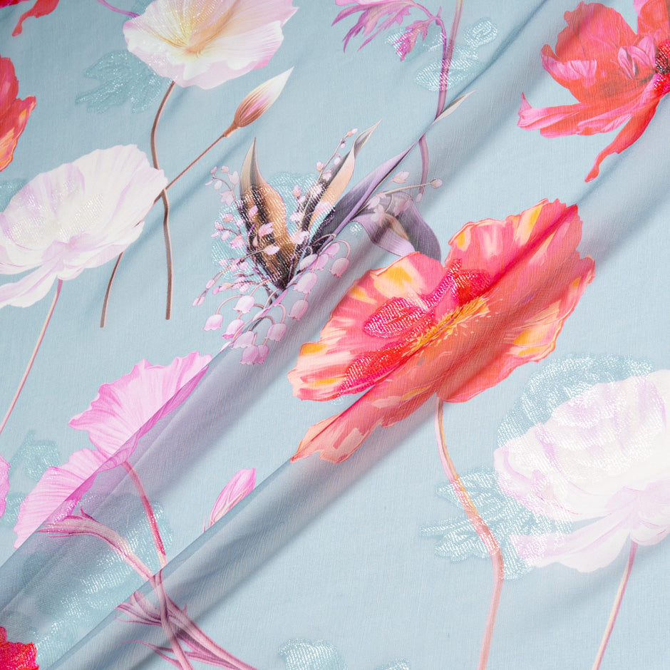 Poppy Printed Metallic Blue Silk Georgette