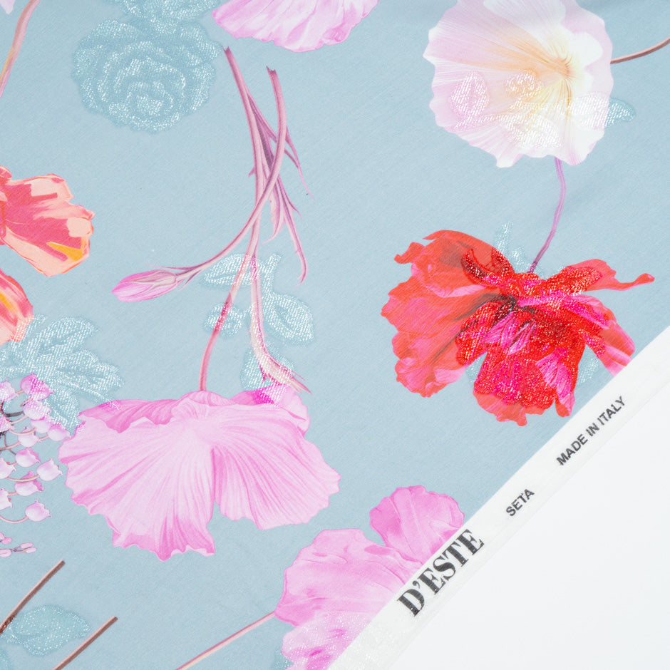 Poppy Printed Metallic Blue Silk Georgette