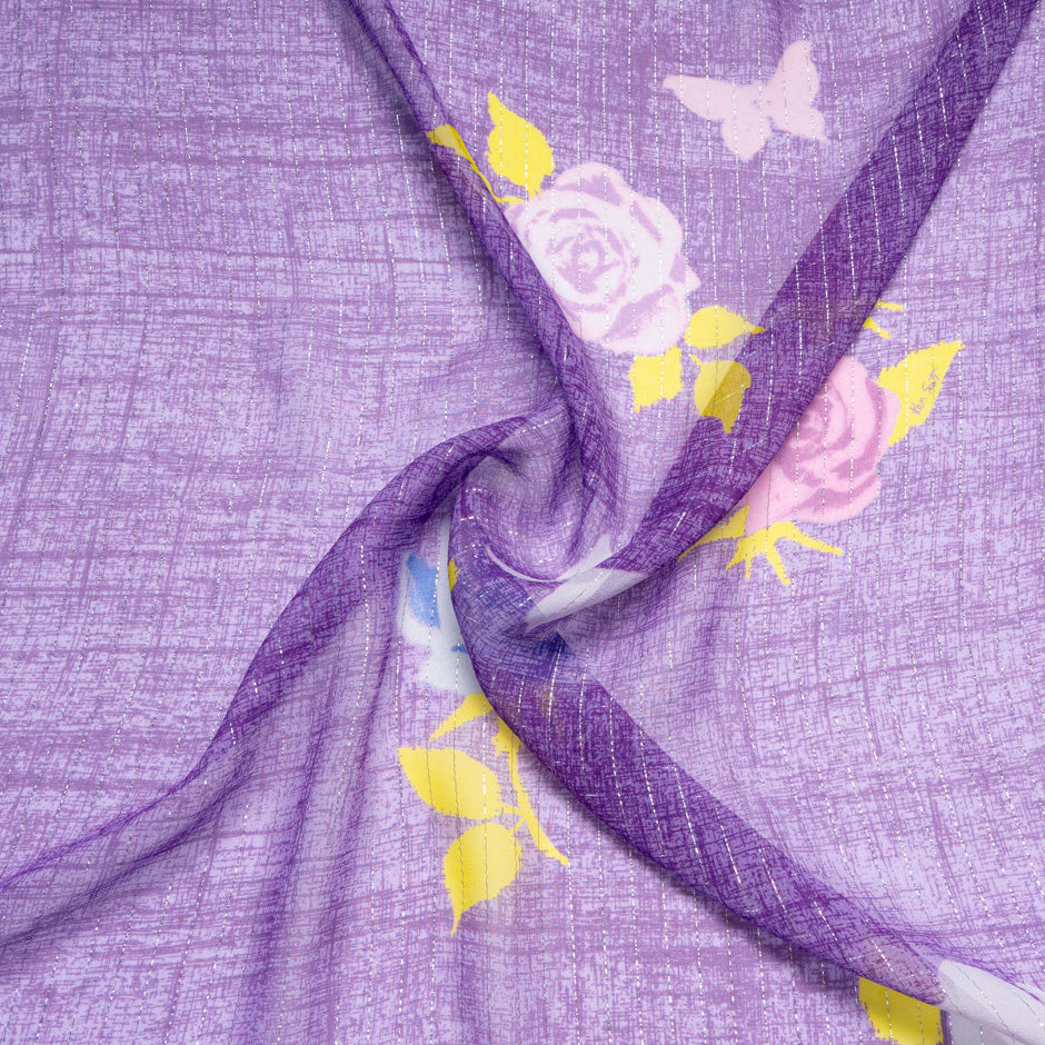 Abstract Floral Printed Purple Silk Georgette