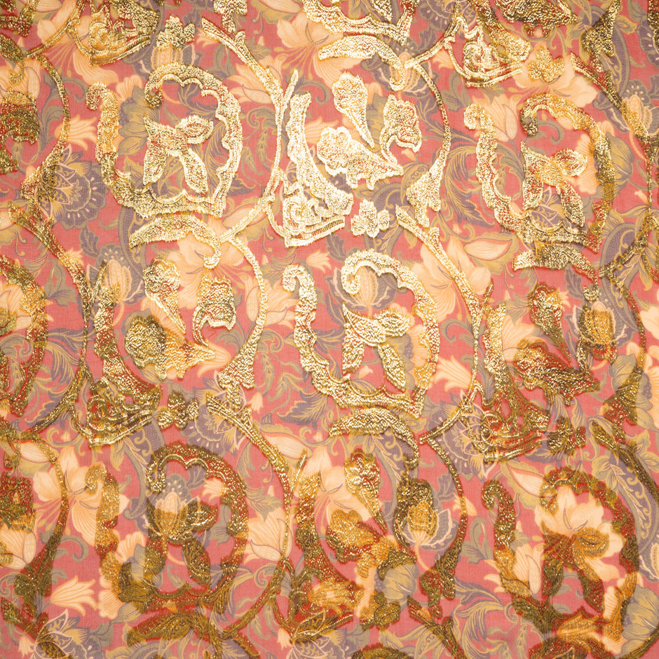 Gold Metallic Jacquard Red Silk Georgette