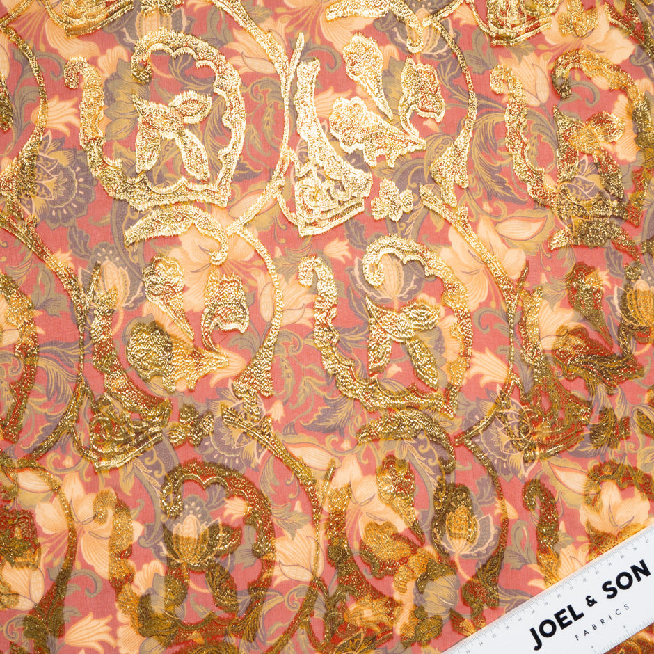 Gold Metallic Jacquard Red Silk Georgette