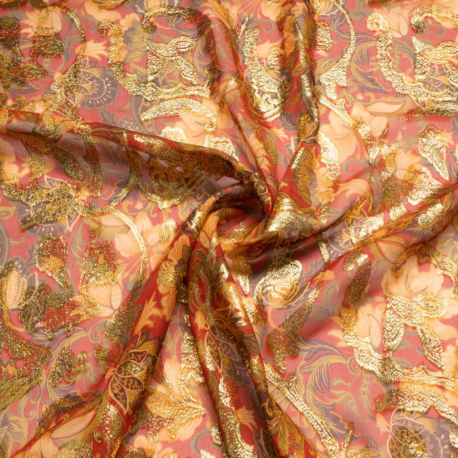 Gold Metallic Jacquard Red Silk Georgette