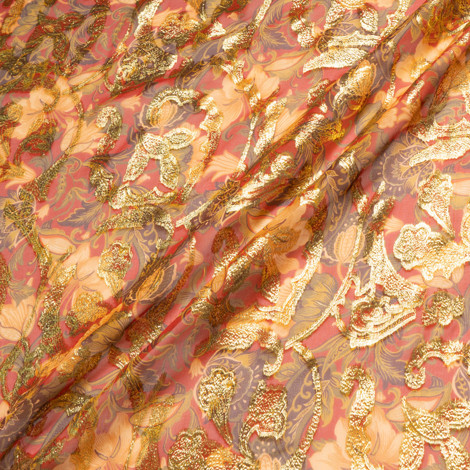 Gold Metallic Jacquard Red Silk Georgette