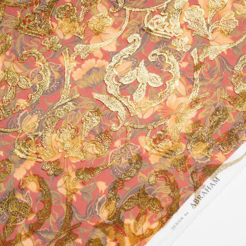 Gold Metallic Jacquard Red Silk Georgette