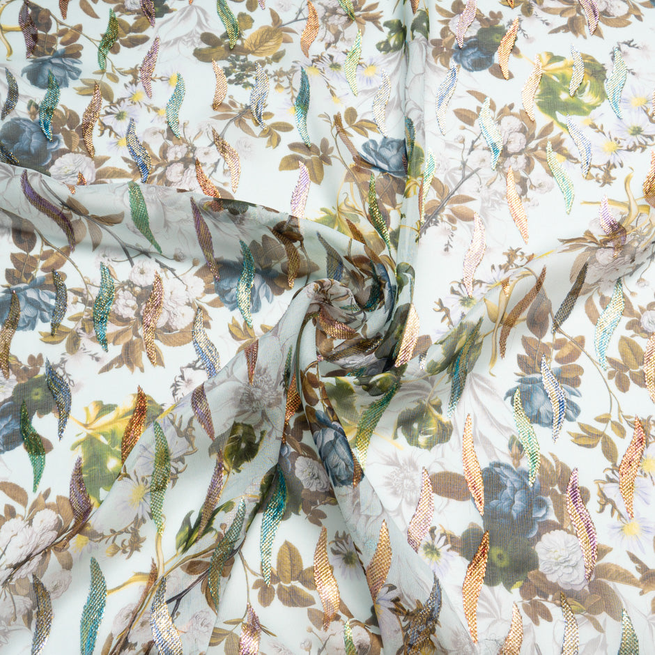 Multi Floral Printed Pale Blue Metallic Silk Georgette