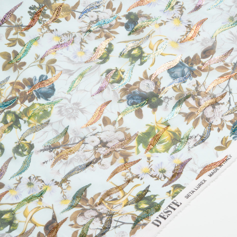 Multi Floral Printed Pale Blue Metallic Silk Georgette