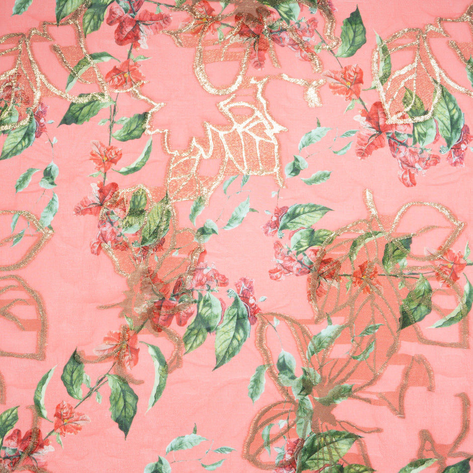 Floral Printed Coral Pink Metallic Silk Georgette