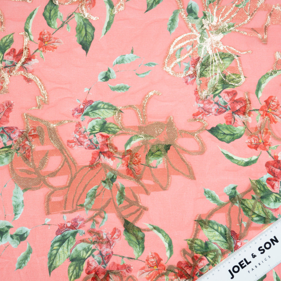 Floral Printed Coral Pink Metallic Silk Georgette