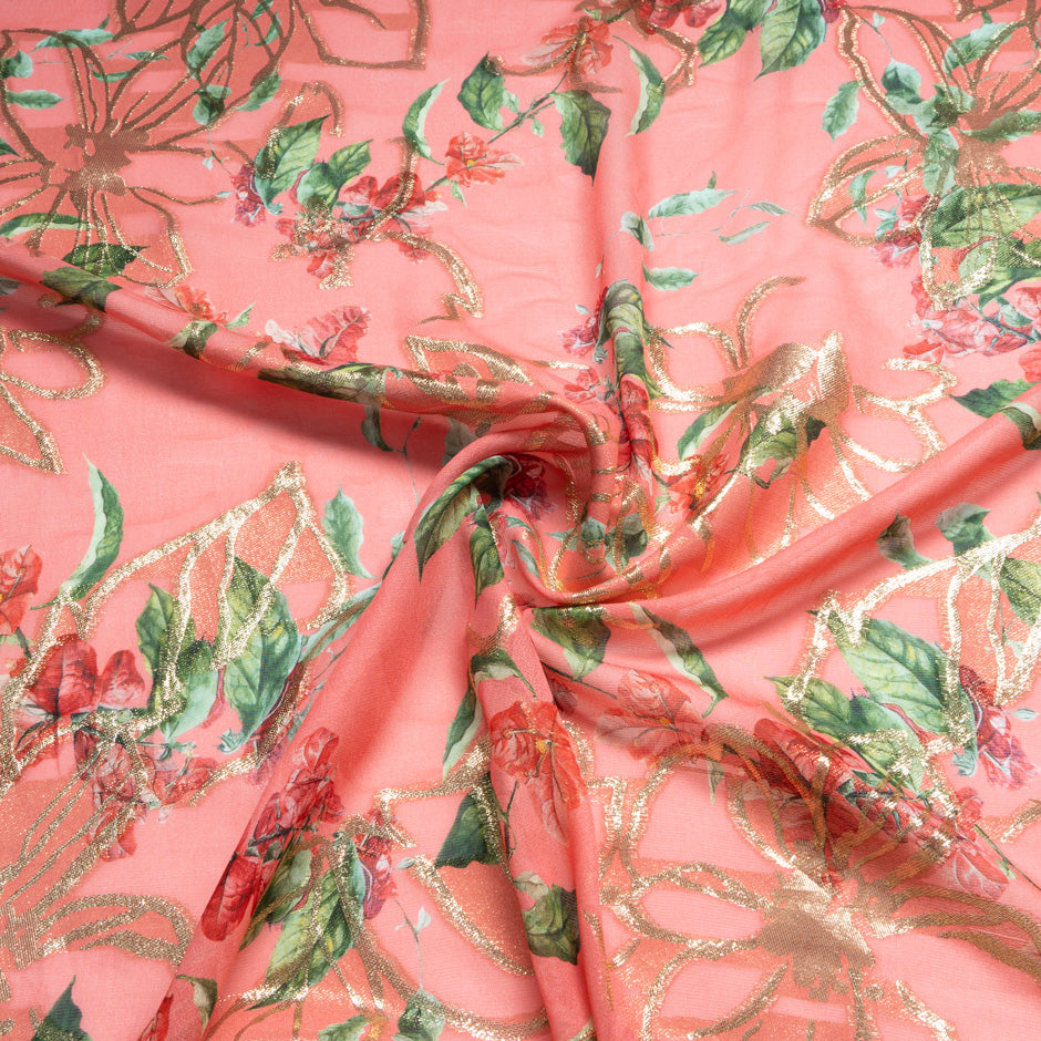 Floral Printed Coral Pink Metallic Silk Georgette