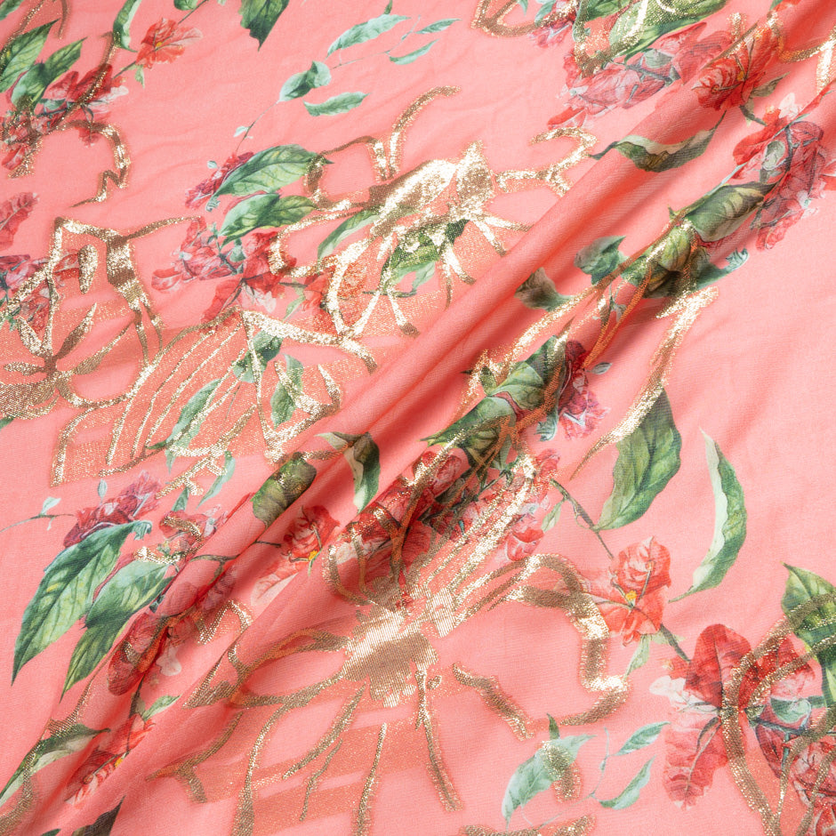 Floral Printed Coral Pink Metallic Silk Georgette