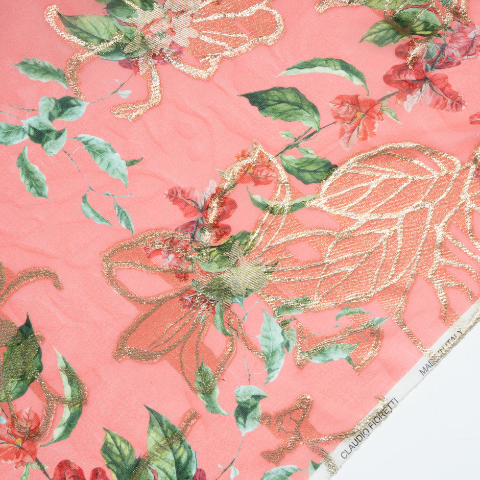 Floral Printed Coral Pink Metallic Silk Georgette