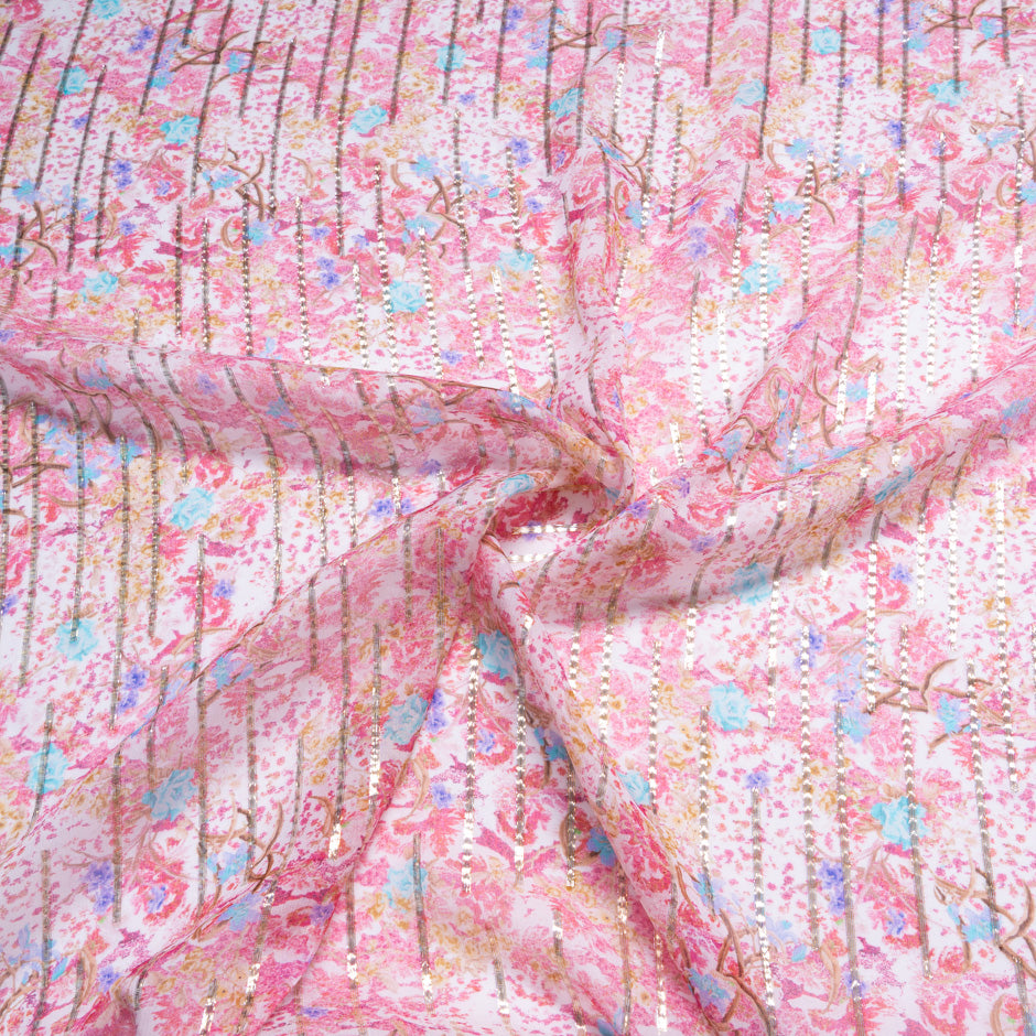 Delicate Floral Printed Metallic Silk Georgette