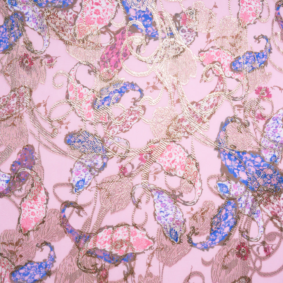 Paisley Printed Pink & Gold Metallic Silk Chiffon