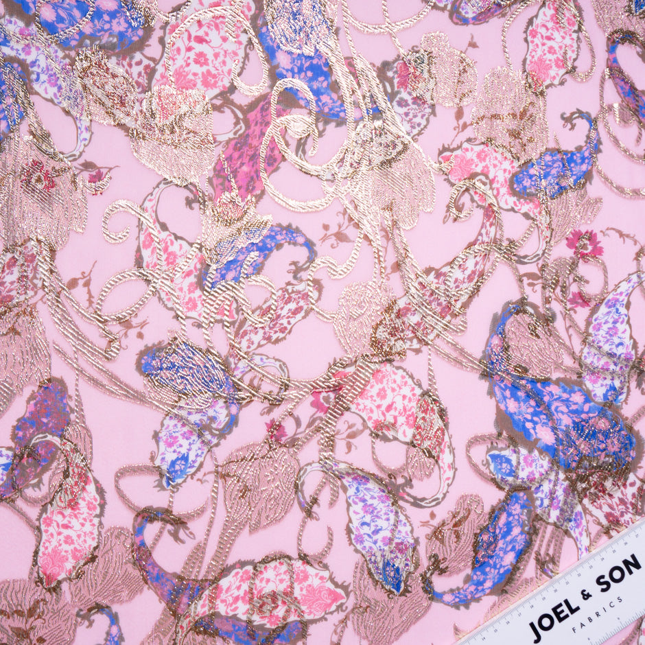 Paisley Printed Pink & Gold Metallic Silk Chiffon