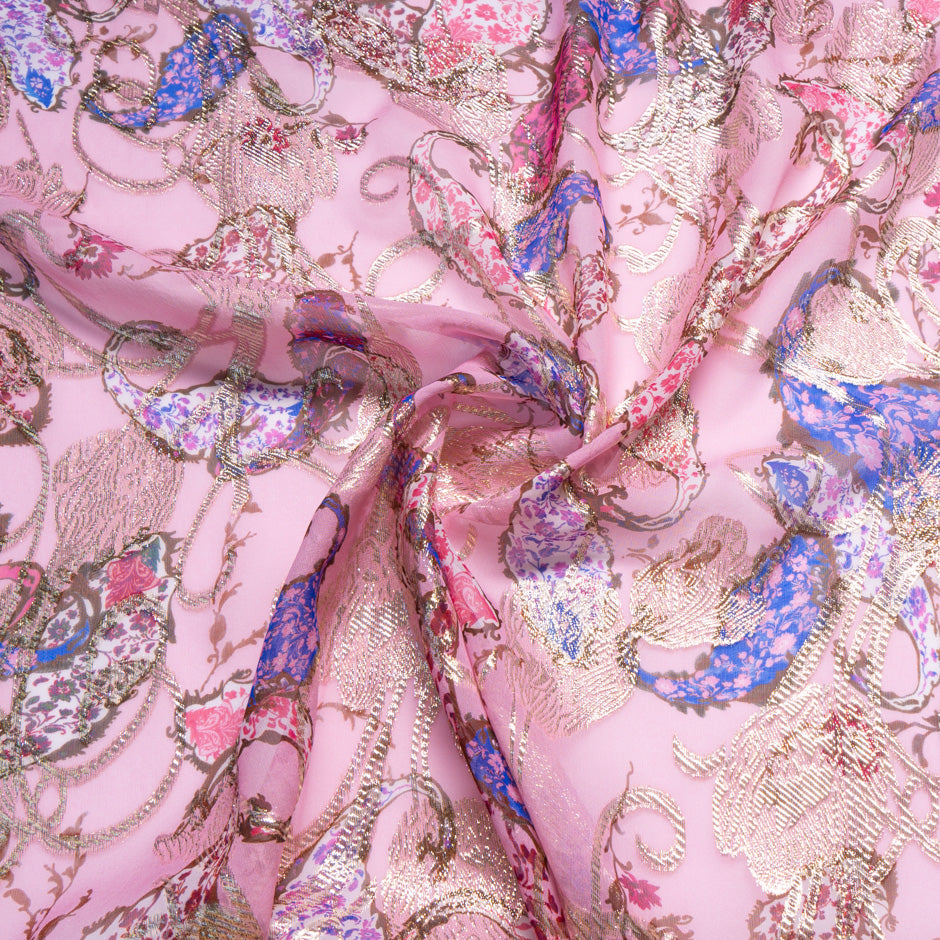 Paisley Printed Pink & Gold Metallic Silk Chiffon
