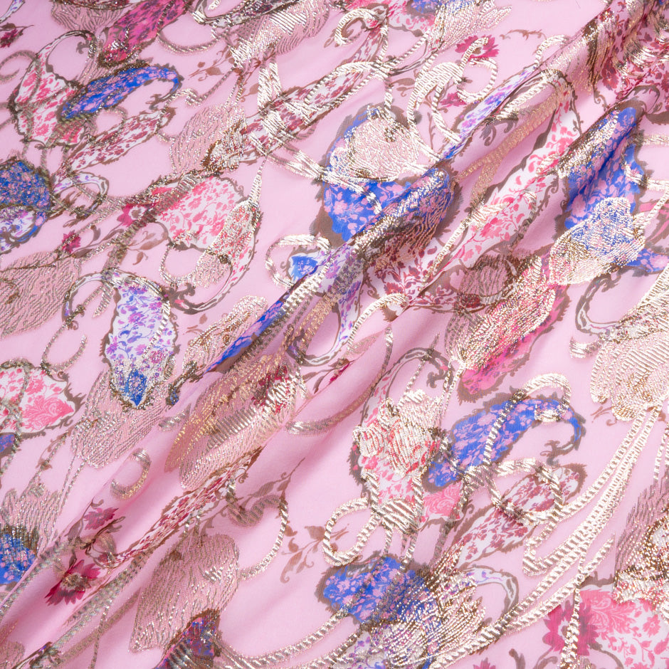 Paisley Printed Pink & Gold Metallic Silk Chiffon