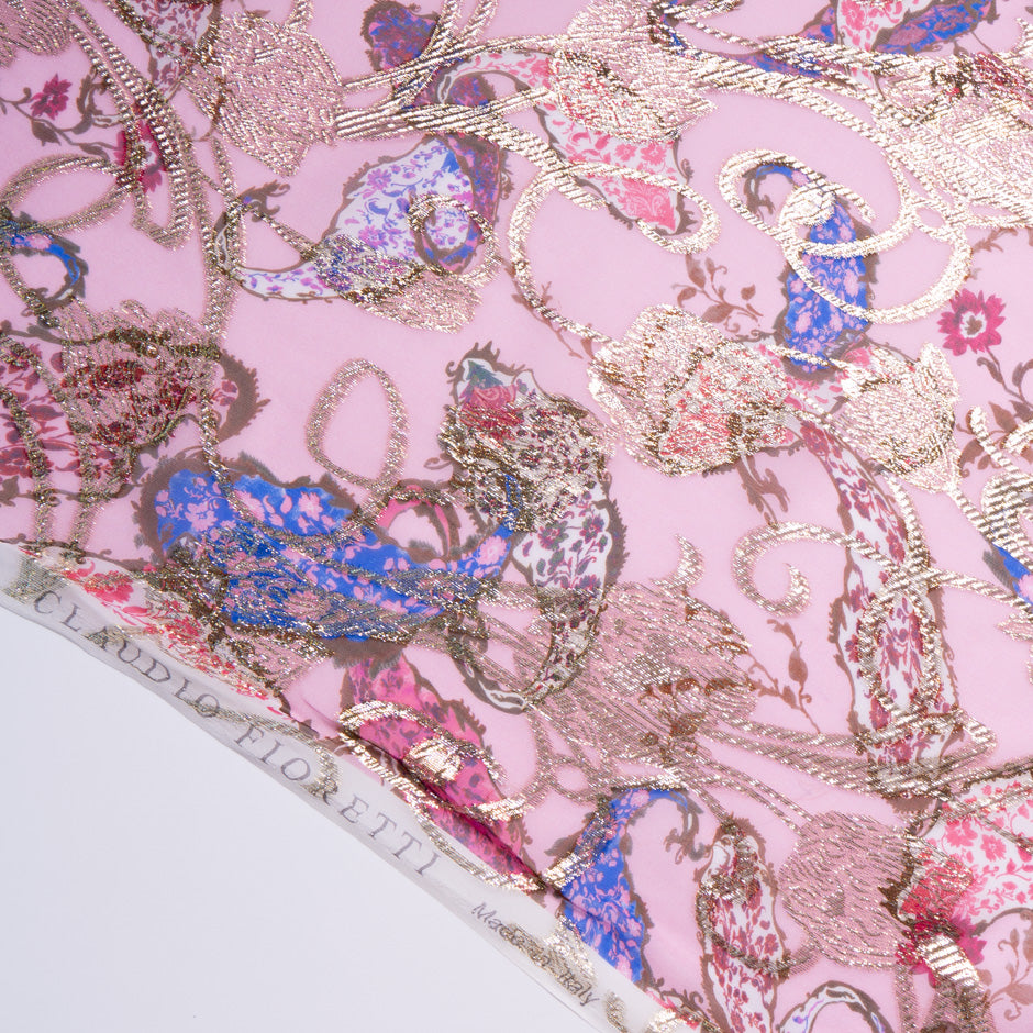 Paisley Printed Pink & Gold Metallic Silk Chiffon