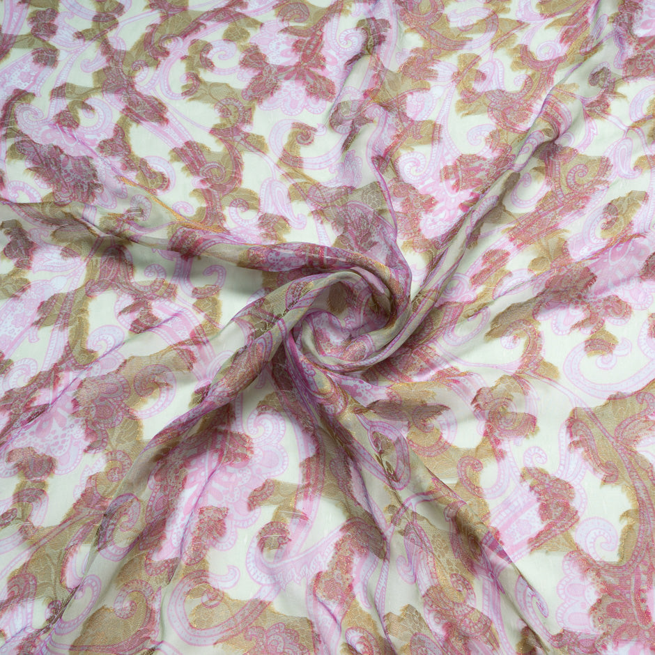Green & Pink Printed Silk Chiffon Jacquard