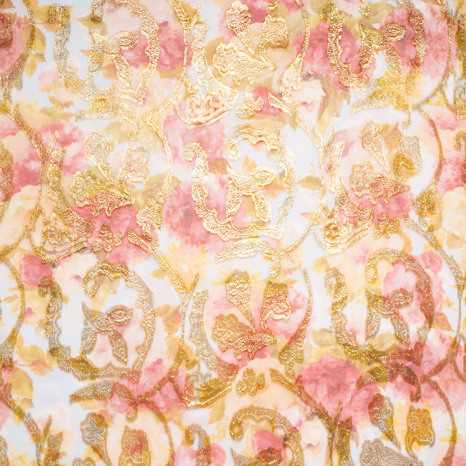 Gold Metallic Jacquard Printed Silk Georgette