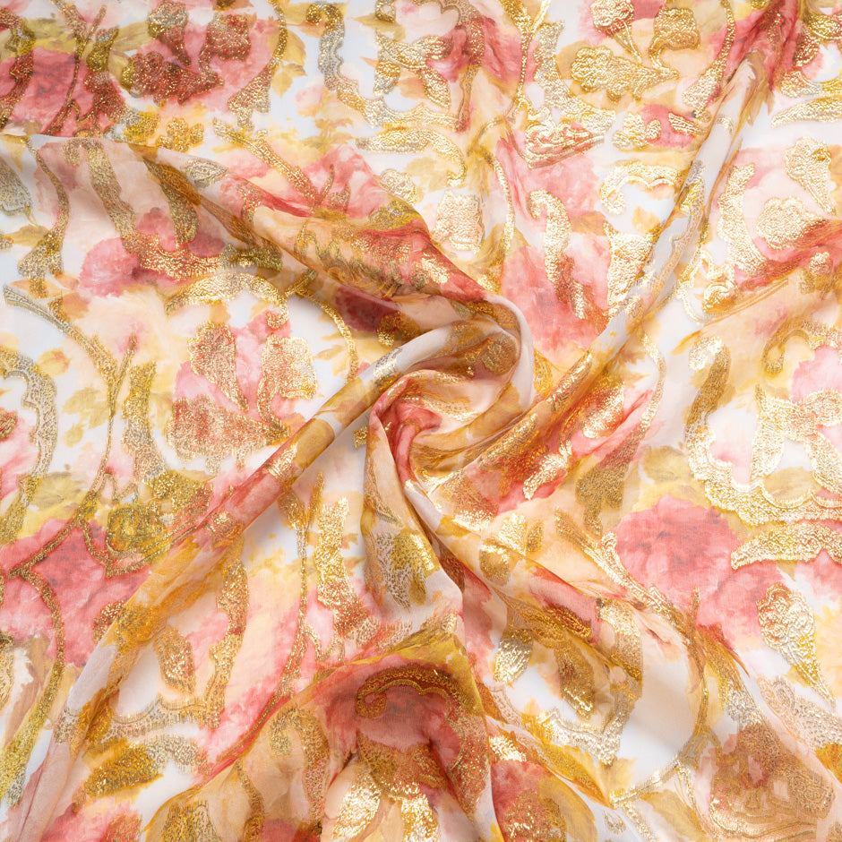 Gold Metallic Jacquard Printed Silk Georgette