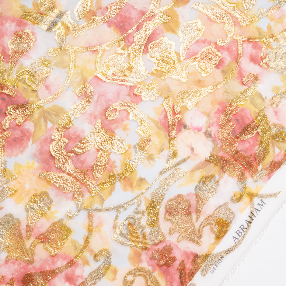 Gold Metallic Jacquard Printed Silk Georgette