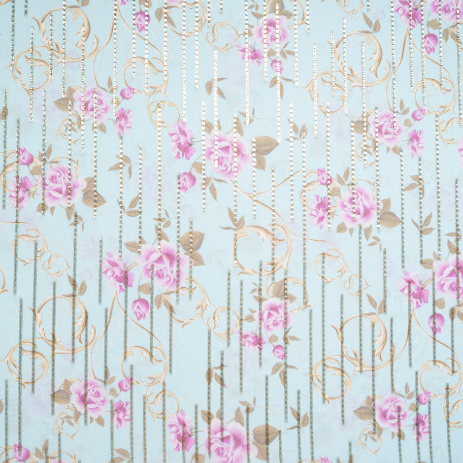 Pink Floral Printed Blue Silk Georgette Jacquard