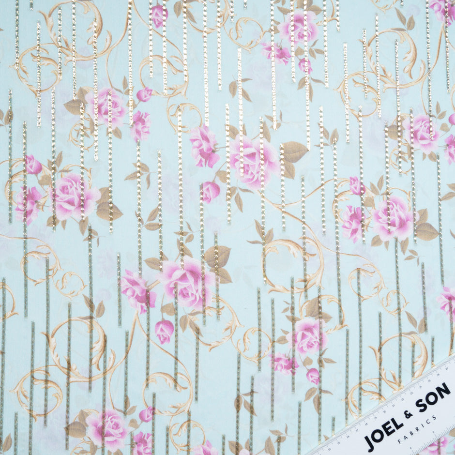 Pink Floral Printed Blue Silk Georgette Jacquard