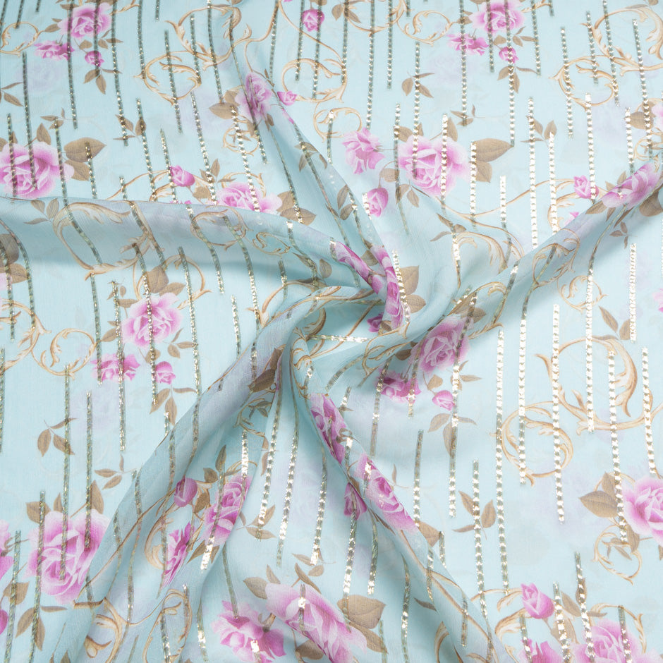 Pink Floral Printed Blue Silk Georgette Jacquard