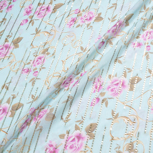 Pink Floral Printed Blue Silk Georgette Jacquard