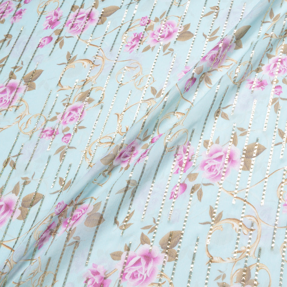 Pink Floral Printed Blue Silk Georgette Jacquard