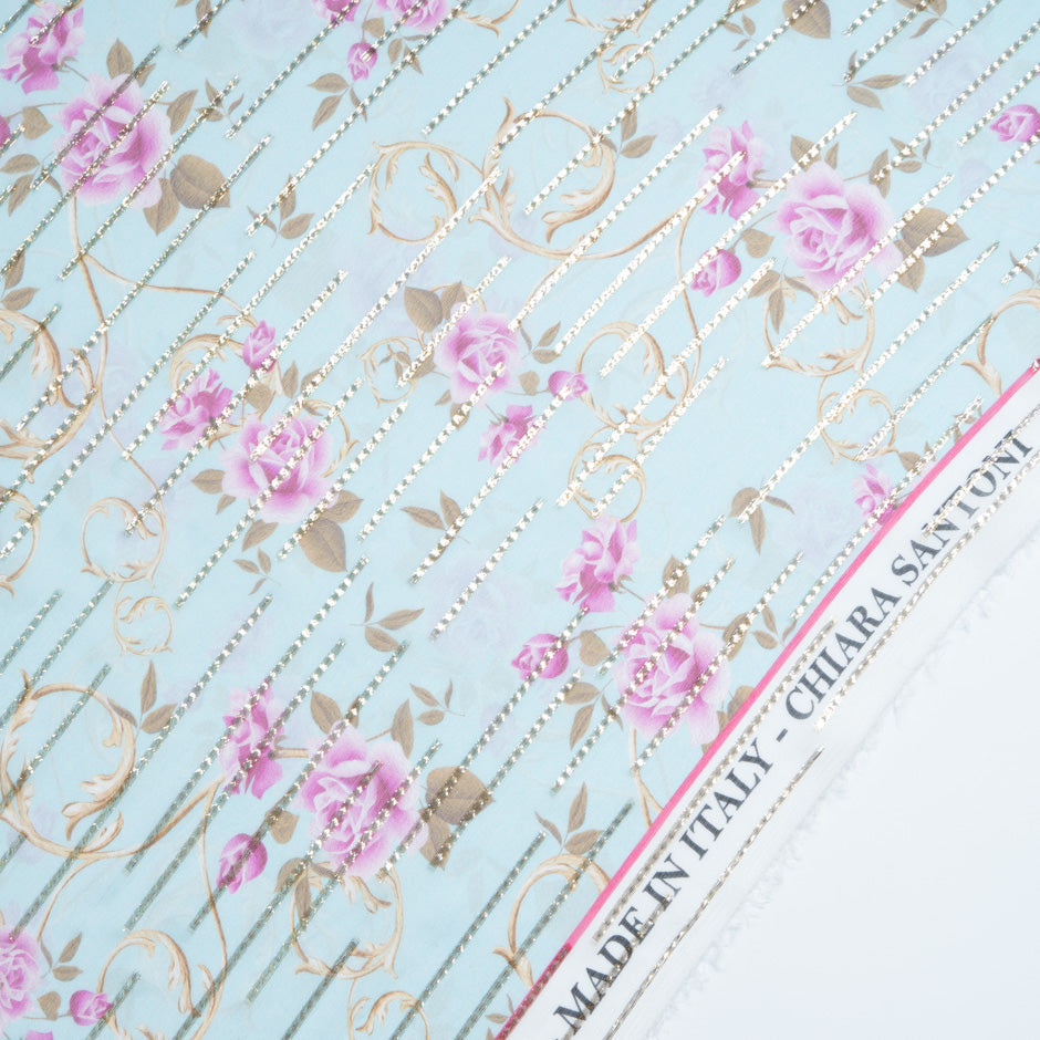 Pink Floral Printed Blue Silk Georgette Jacquard