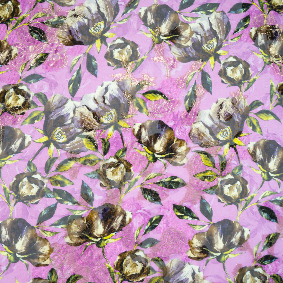 Floral Printed Deep Pink Silk Chiffon Jacquard