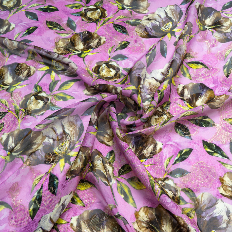 Floral Printed Deep Pink Silk Chiffon Jacquard