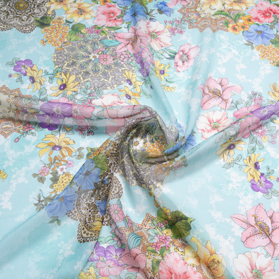 Multi Floral Printed Metallic Silk Georgette