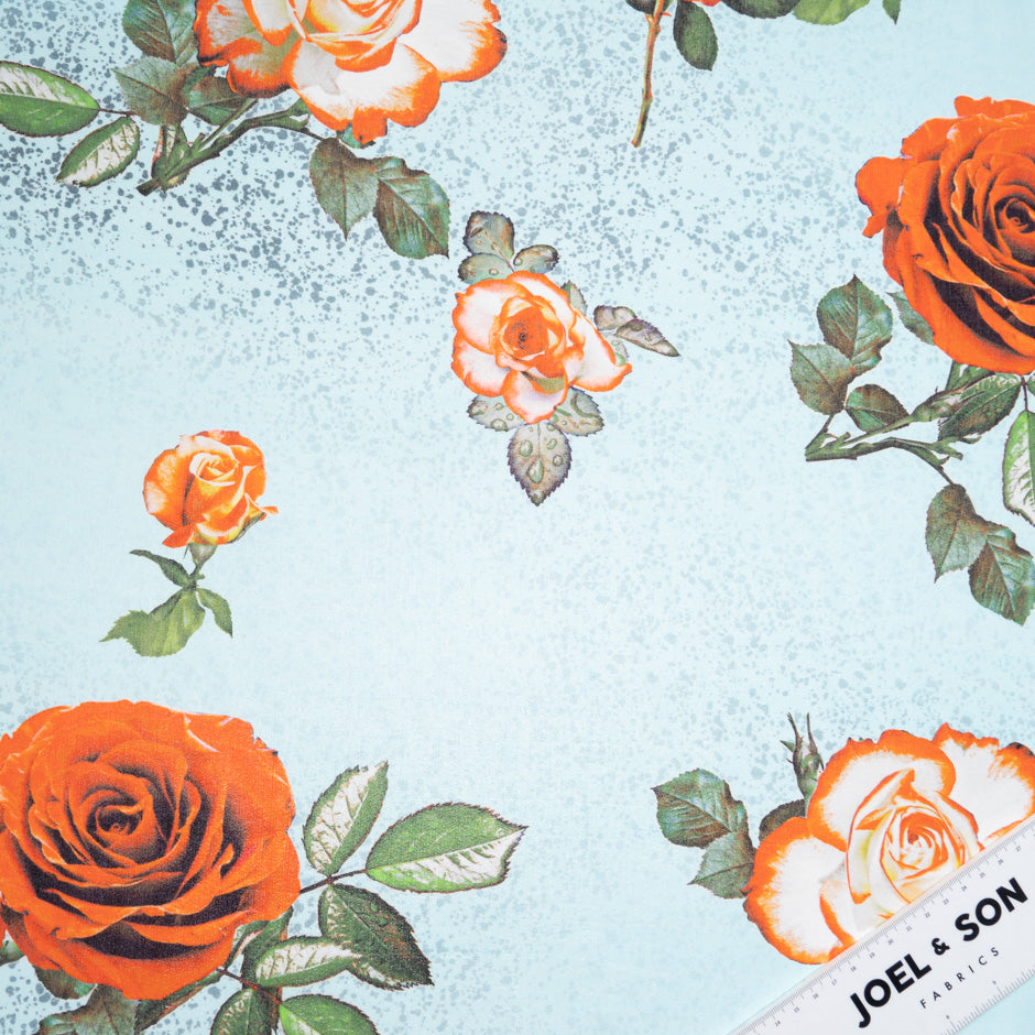 Orange Rose Printed Soft Blue Silk Lamé