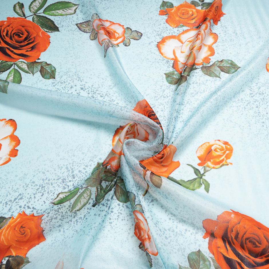 Orange Rose Printed Soft Blue Silk Lamé